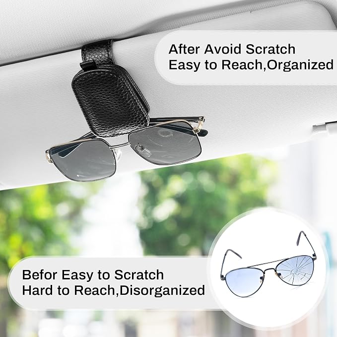 2PCS Sunglasses Holder for Car, Leather Magnetic Buckle Sun Visor Sunglass Clip, Ticket Card Storage Glasses Clip, Car Interior Accessories for Men and Women（Black）