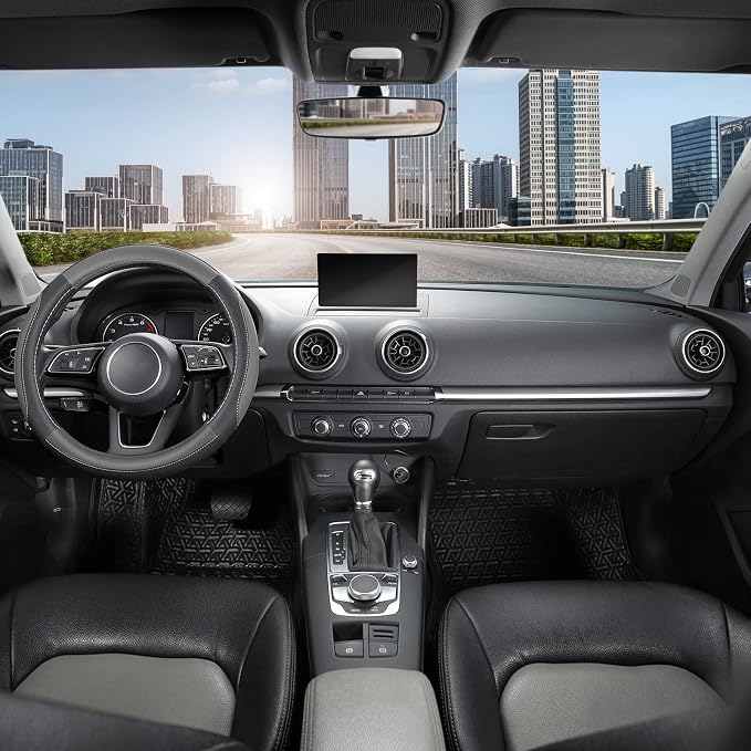 Car Steering Wheel Cover for Prius Civic Model 3 Model Y Camaro, Small Size 14-14.25 inch, Black and Gray Microfiber Leather