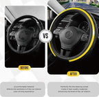 Leather Steering Wheel Cover – Black & Yellow, Universal Fit 14.5-15 Inch, Microfiber Leather, Anti-Slip & Breathable Design for Men and Women