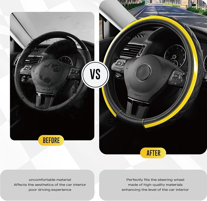 Leather Steering Wheel Cover – Black & Yellow, Universal Fit 14.5-15 Inch, Microfiber Leather, Anti-Slip & Breathable Design for Men and Women