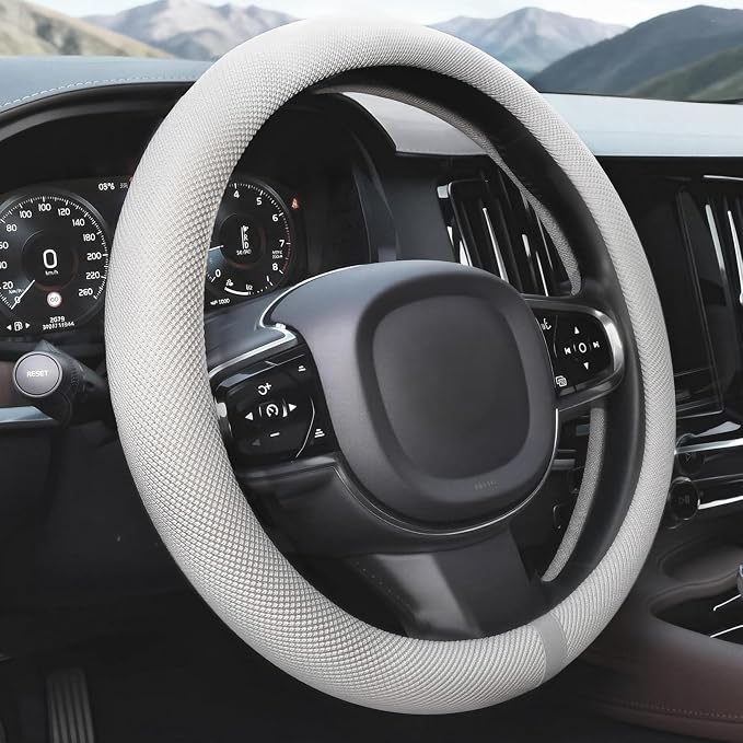 15 Inch Cooling Steering Wheel Cover for Women, Non-Slip Breathable Cooling Car Steering Wheel Cover with Upgraded Silicone Inner Ring Fits Round/D Shape, Warm in Winter Cool in Summer, White Gray