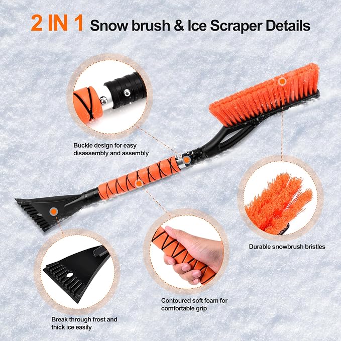 27" Heavy Duty Snow Brush and Ice Scraper | Scratch-Free Bristle Head & Detachable Scraper with Aluminum Body and Ergonomic Grip | Snow Removal Winter Car Accessories