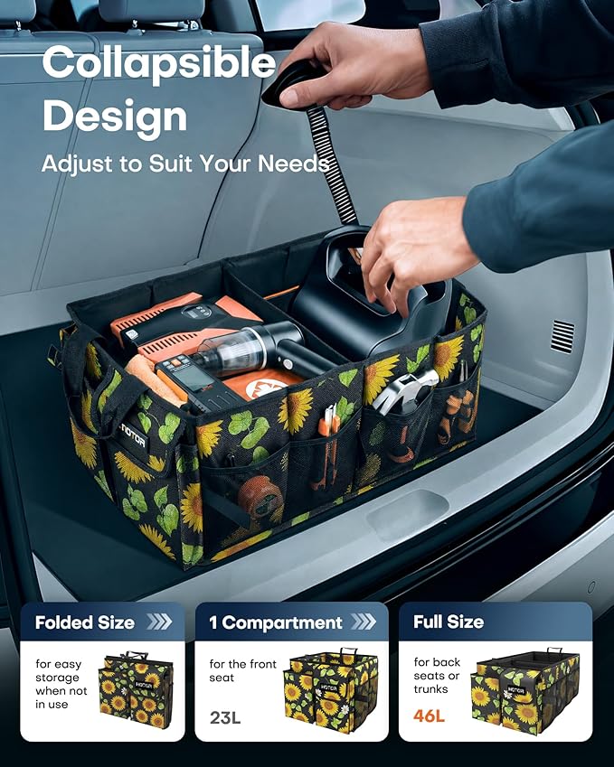 Trunk Organizer - Car Organizer, Foldable Trunk organizer for SUVs & Sedans, Sturdy Car Organization for Car Accessories, Tools, Sundries, Sunflower, 2 Compartments, 21.3"×12.6"×10.6"