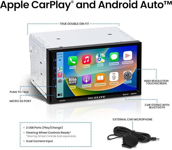 Elite BE7ACP Car Stereo - 7" Display, Apple CarPlay & Android Auto Head Unit, Double DIN Touch Screen Car Stereo, Bluetooth, AM/FM Radio Receiver, USB, SD, No CD/DVD Player