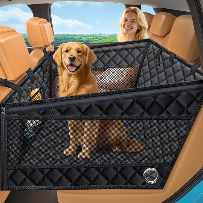 Hard Bottom Dog Car Seat for Pets Waterproof Seat Cover Hammock with 3-Sided Hard Boards 600D Heavy Duty Scratch Proof Nonslip Durable Back Seat Covers for Cars, Trucks and SUVs