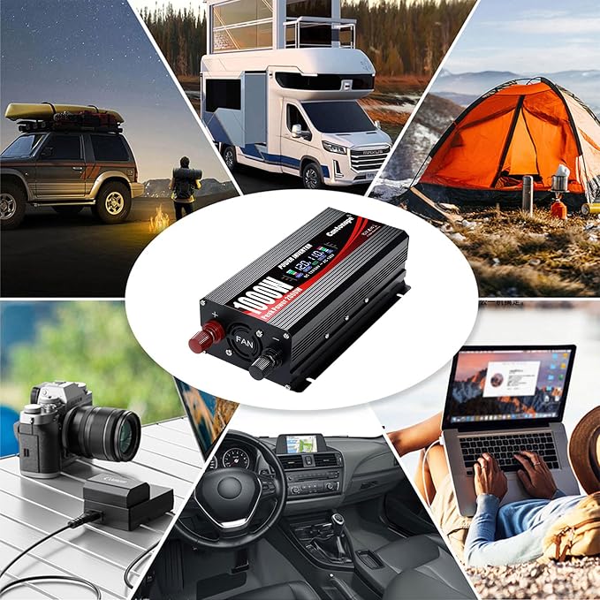 1000W Car Power Inverter DC 12V to 110V/120V AC Converter with LCD Display 2 AC Outlets, 3.0A USB and Type-C Car Inverter for RV Camping Laptop Truck Vehicle