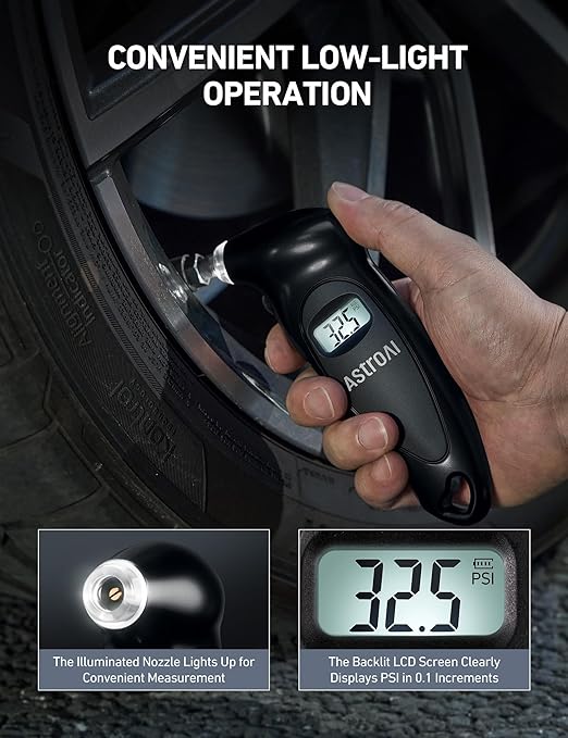 Digital Tire Pressure Gauge Calibrated to ANSI B40.7 +/-1PSI, Accurate in 0.1 Increments, Tire Repair Tools 4 Pressure Measurements for Car Truck with Backlight LCD, Black