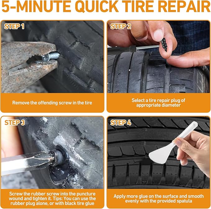 40 PCS Quick Fix Tire Plug Kit with 3 Tubes of Black Tire Sealant, New Screw in Tire Plugs, Fast Flat Tire Repair Kit for Car Motorcycle Truck Tractor Emergency Repair
