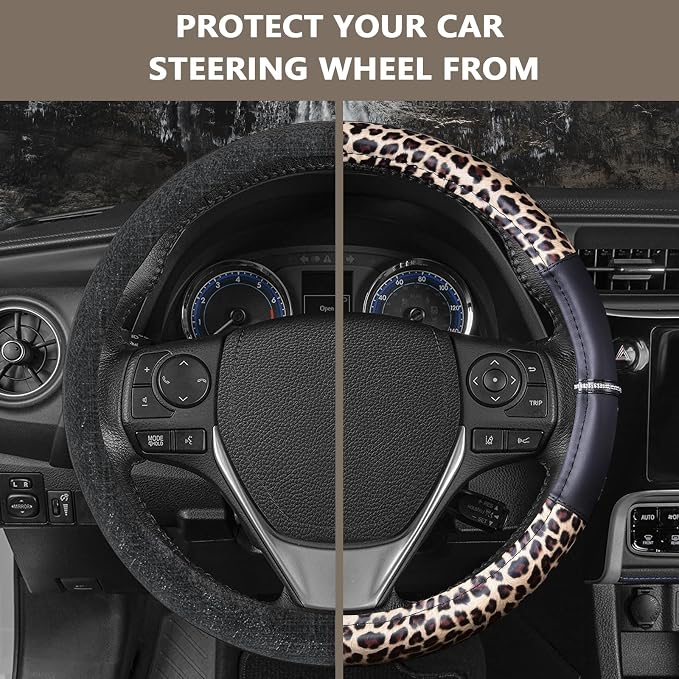 Leopard Steering Wheel Cover - Bling Crystal Rhinestones Cheetah Print on Leather Non-Slip Breathable Design for Women/Girls Universal Fit 14.5-15 Inch(Black & Yellow)
