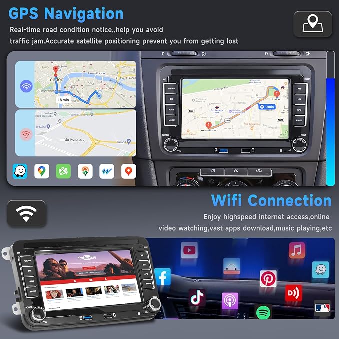 8Core 6G 128G Android Car Stereo for VW Passat Golf MK5 MK6 Jetta T5 EOS Polo Touran Seat Sharan Wireless Carplay Android Auto, 7'' Touchscreen Stereo with GPS Bluetooth WiFi FM/RDS DSP Rear Camera