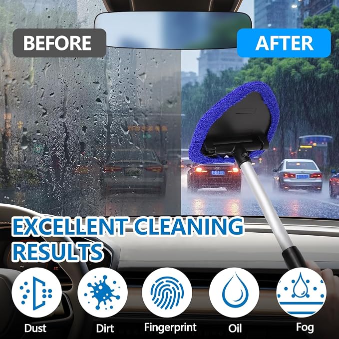 Car Windshield Cleaning Tool, Car Windshield Window Cleaner, Auto Window Glass Cleaning Kit with Extendable Handle & Reusable Microfiber Pad & Spray Bottle, Universal Car Accessories (Blue)
