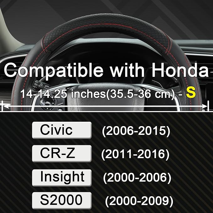 Customized Auto Car Steering Wheel Cover for Honda Civic, CR-Z, Insight, S2000, 14-14.25inch(Black+Red-Small Size)