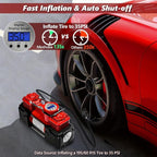 Dual Cylinder Tire Inflator Air Compressor, 150 PSI 12V DC Portable Air Pump with Digital Display, LED Flashlight, Auto Shut-Off, Heavy Duty for Truck, SUV, Car, RV (RED)
