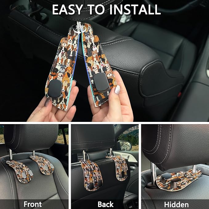 2PCS Car Seat Back Storage Headrest Hooks, Cute Dogs Puppy Purse Holder Bags Hanger, PU Leather Double Metal Hook for Backseat Organizer, Women Car Accessories Organization
