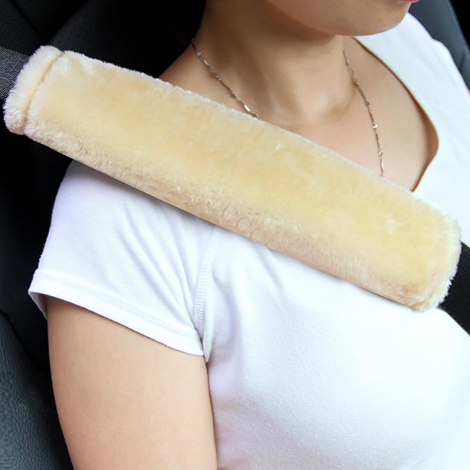 Soft Faux Fur Universal Fit Seatbelt Cover Car Truck SUV Airplane Seat Belt Shoulder Pad for Carmera Backpack Straps Neck Cushion Protector 2 Pack 10.5in Beige