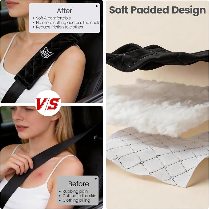 Soft Auto Seat Belt Cover Seatbelt Shoulder Pad Cushions 2 PCS for a More Comfortable Driving Universal Fit for All Cars and Backpack Black Cat