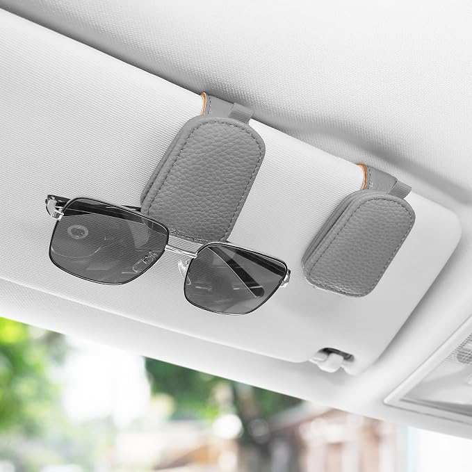 Sunglasses Holder for Car, Leather Magnetic Buckle Sun Visor Sunglass Clip, Ticket Card Storage Glasses Clip, Car Interior Accessories for Men and Women（2PCS Gray）
