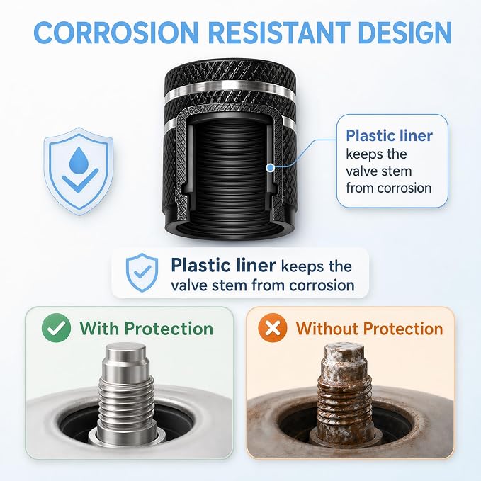 Tire Valve Stem Caps 8 Pack, Aluminum Tire Valve Caps with Plastic Liner, Corrosion Resistant Leak Proof Air Valve Caps, Universal Valve Stem Caps for Cars, Trucks, SUVs, Motorcycles and Bikes