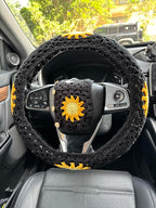 Handmade Crochet Sun Moon Car Steering Wheel Covers Universal 14-15 inch,Cute Steering Wheel Cover,Car Accessories (Black Wheel Cover+2 Belt Cover)