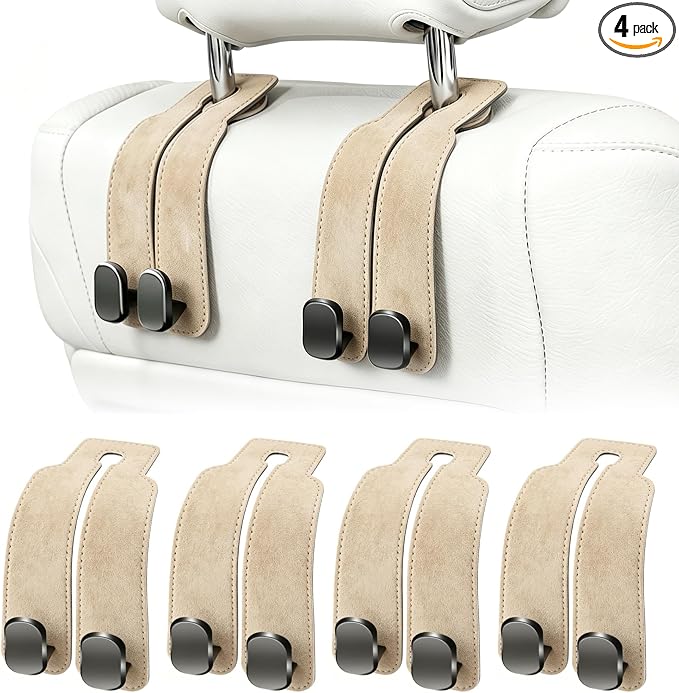 Amelity Car Headrest Hooks, Purse Hook for Vehicle 4 Pack Beige | Universal Car Interior Accessories for Women, Available in 2/4 Pack, Storage Hanger Holds Purses, Backpacks, Grocery Bags