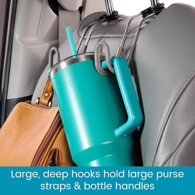 Car Hooks for Purses and Bags with Leather Trim - Unbreakable Headrest Car Hooks for Large Purse Straps and Heavy Bags up to 40 lbs - Secure Attachment Loops Fit All Headrest Posts, 2-Pack