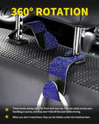 4 Pack Blink Diamond Car Seat Headrest Hooks Crystal Rhinestone Car Purse Holder Universal Car Interior Accessories for Handbags Water Bottles Purse Coats Umbrellas, Blue