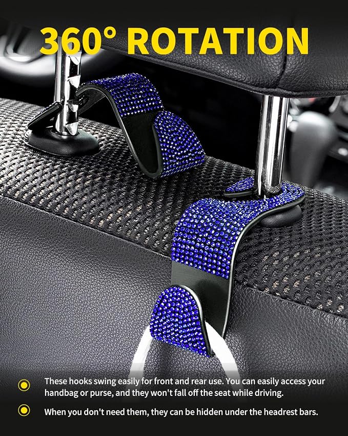 4 Pack Blink Diamond Car Seat Headrest Hooks Crystal Rhinestone Car Purse Holder Universal Car Interior Accessories for Handbags Water Bottles Purse Coats Umbrellas, Blue