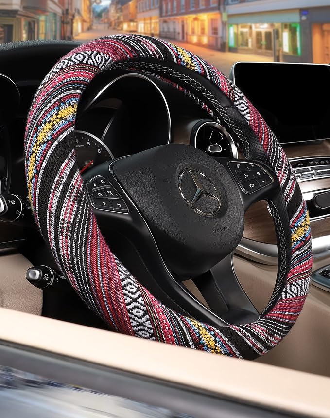 Boho Steering Wheel Cover with Baja Blanket Cloth, Ethnic Style Auto Wheel Cover Made of Coarse Flax, Fits 14 1/2-15 1/4 inches Car Wheel