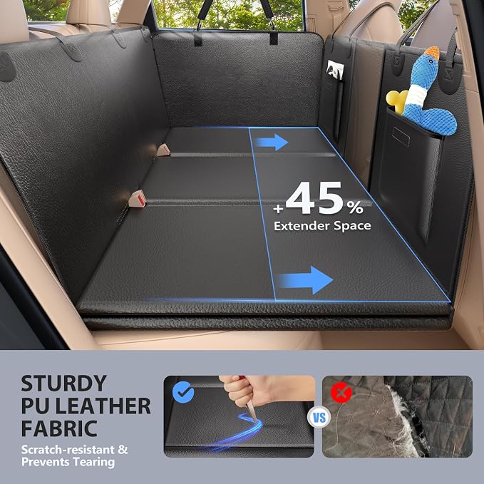 Back Seat Extender for Dogs-Large Space, Hard Bottom PU Leather Dog Car Seat Cover for Back Seat 420lb, Anti-Scratch Backseat Extender for Dogs,Waterproof Dog Hammock for Car, SUV, Truck