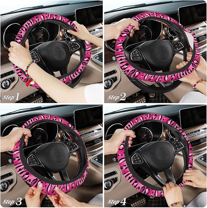 Watercolor Pink Leopard Car Steering Wheel Cover, Non-Slip Absorbing Sweat Car Wheel Cover Accessories for Men Women,Universal 15" Fit Auto SUV Vans Trucks