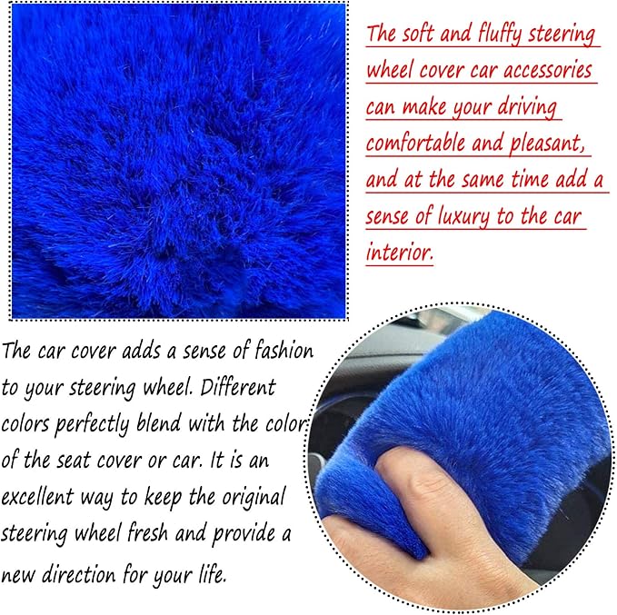 Fluffy Steering Wheel Cover for Women Fuzzy Steering Wheel Cover Winter Warm Faux Wool Plush Car Wheel Cover Furry Steering Wheel Protector Universal Fit 15 Inch (Blue)