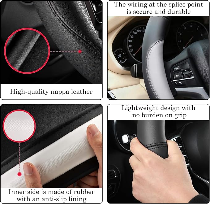 Gray Car Steering Wheel Cover, Nappa Leather, Bottom Color Blocking, Universal 14.5-15 Inch Leather Anti-Slip Breathable Auto Steering Wheel Covers for Men Women