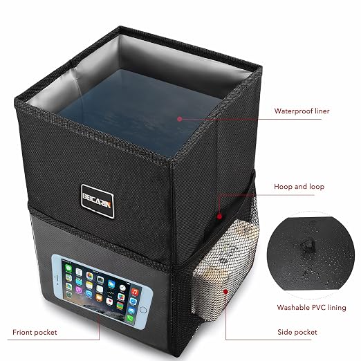 Car Trash Can with Lid - Car Trash Bag Hanging with Storage Pockets Collapsible and Portable Car Garbage Bin, Leak-Proof Car Organizer, 1.82 Gallons Multipurpose Trash Bin for Car