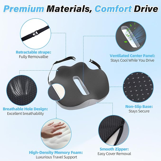 X-Large Seat Cushion for Truck & Car Drivers, Memory Foam Seat Cushion for Long Driving, Sciatica & Tailbone Pain Relief, Ergonomic Back Support Cushion with Non-Slip Bottom & Washable Cover