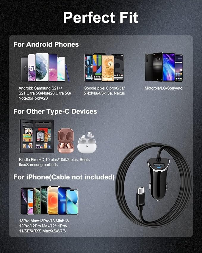 USB-C Car Charger, 3.4A USB Type C Car Charger Adapter & Fast Charge Cable | C Cord Cargador USBC Lighter for Samsung Galaxy S26 S25 S24 S23 S22 A17 iPhone 17e 17 16e 16 15 Pro Max Android Cigarette 12V