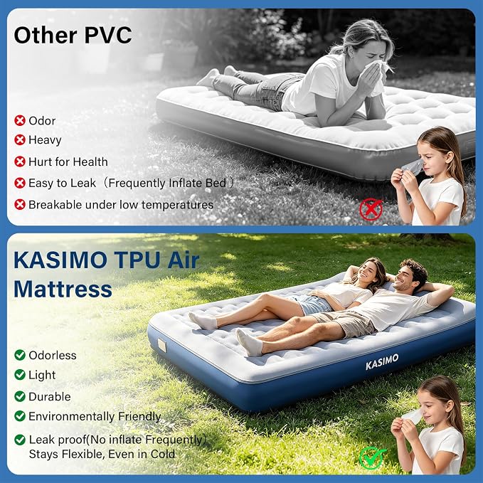 Queen Air Mattress with Cordless Battery Pump,TPU Blow up Mattress for Camping, Self Inflatable Mattress All Night Stability No Bad Smell, Air Bed for Tent Camping, Home, Guests, Car Travel