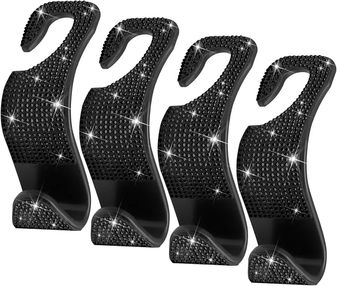 4 Packs Car Purse Hook, Bling Seat Headrest Bag Holder Hanger for Car, Easy Install Car Organizer Accessories Gift for Women (Black)