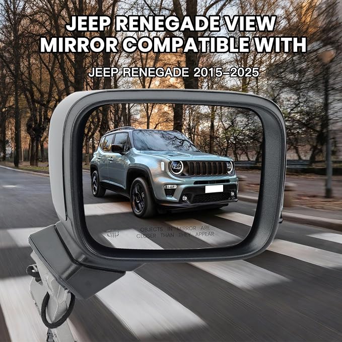 Right Passenger Side Mirror Compatible with Jeep Renegade 2015-2025 Temperature Sensor Heated Manual Folding Power Glass Paintable Black (5+2 Pins)