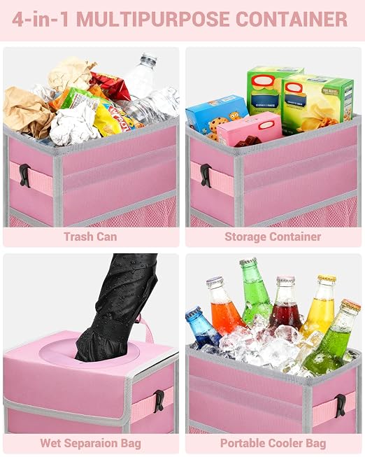 Car Trash Can with Lid, Leakproof Car Trash Bag Hanging Waterproof Automotive Garbage Can with Storage Pockets Mini Vehicle Trash Bin for Back/Front Seat(Pink,2.5 Gallon)