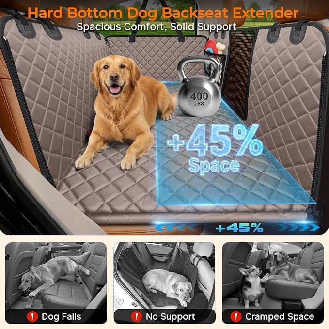 XL Dog Backseat Extender for Full-Size Crew Cab Truck, Hard Bottom Dog Car Seat Cover for Back Seat Holds 400lbs, Waterproof Dog Hammock Pet Rear Seat Protector Travel Bed for F150 / Silverado