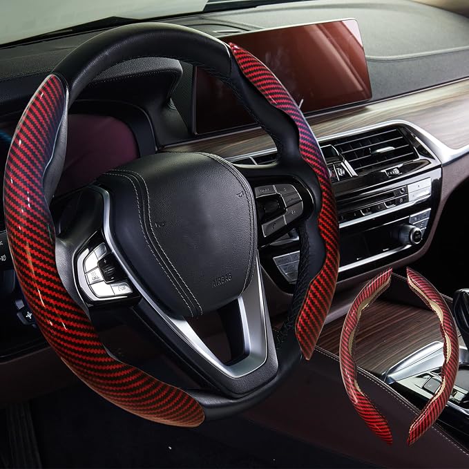 2pcs Car Steering Wheel Cover,Anti-Skid Carbon Fiber Steering Wheel Protector for Men Women,Multiple Color Options,Universal for Most Car Interiors Accessories (Bright Red)