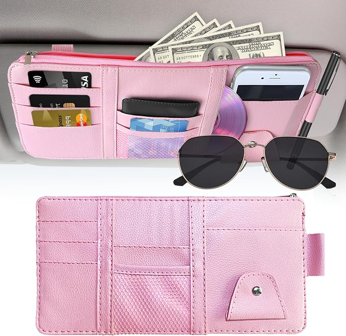 Sun Visor Organizer (Pink),Car Visor Storage Holder for Sunglasses, Documents, Cards & Pen,Zipper Pocket,Fits Sedans, Trucks, SUVs,Auto Interior Accessory