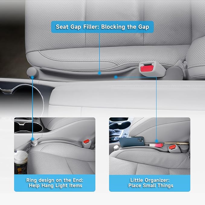 Car Seat Gap Filler Set of 2, 3IN1 Seat Side Gap Filler Plug with Storage Slot & Hook Function, Soft Foam Universal Fit Car SUV Truck Fill Gap Between Seats Console Organizer（Narrown Gray）