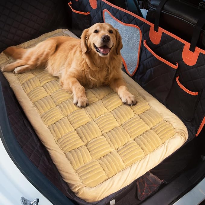Dog Bed for Car Back Seat Soft Plush Backseat Pet Bed Mat Non-Slip Travel Pet Mat, Fuzzy Plaid Dog Seat Cover, Fit for Backseat Extenders and Trucks SUVs (Light Brown, 54" x 24.8")
