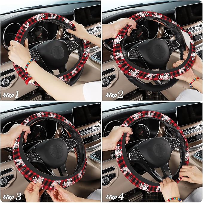 Christmas Snowflakes Steering Wheel Cover,Buffalo Plaid Elastic Non-Slip Steering Wheel Protector,Auto Interior Decor for Women Girls,Universal 15" Fit for Sedans,Trucks