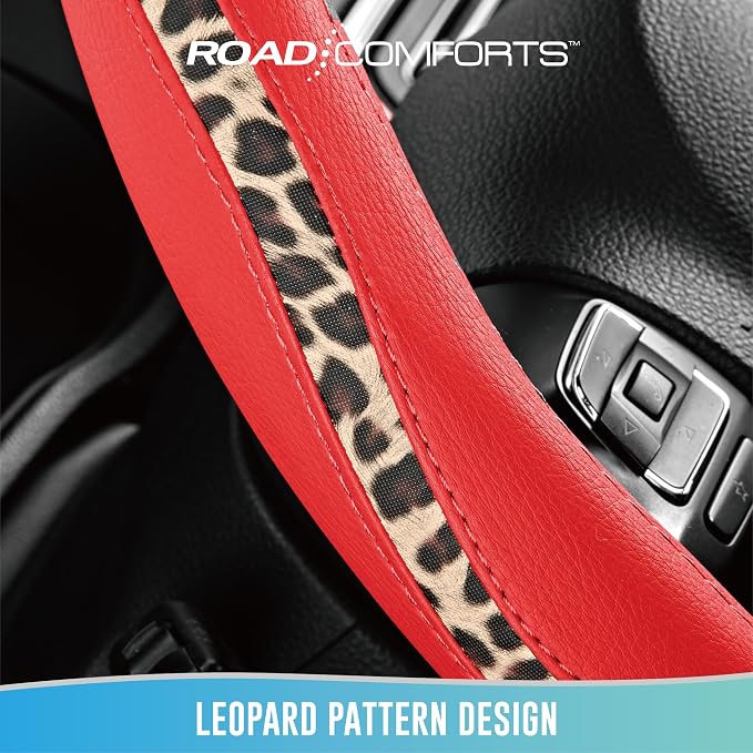 Steering Wheel Cover - Made with PVC Leather and Leopard Fabric - Universal 14 1/2 inches to 15 inches for Most Automotive Steering Wheel - Cheetah Print -Red