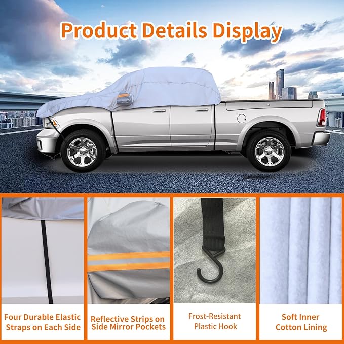 Truck Car Cover Top for Crew Cab Pickup, Half Cover Sunproof Waterproof Windproof Protector for Extended Cab Trucks