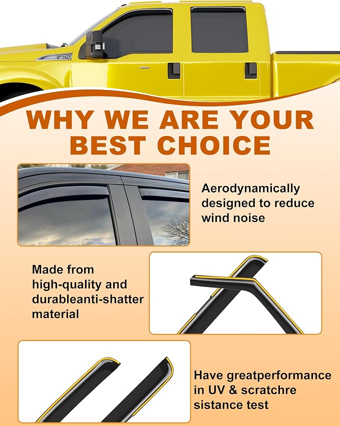 in-Channel Window Rain Guards Fit for Ford F250-F550 Super Duty SuperCrew 1999-2016 Rain Guards Extra Durable F350 Window Deflectors Visors Vent Visors Vent Shades Car Accessories -4 pcs