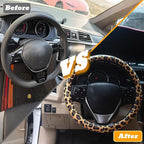 Universal Leather Leopard Cheetah Steering Wheel Cover Women 14.5-15 inch Leopard car Accessories Western Anime Brown Cute Wheel Cover Hip Hop Anti-Slip Car Protecter for Men