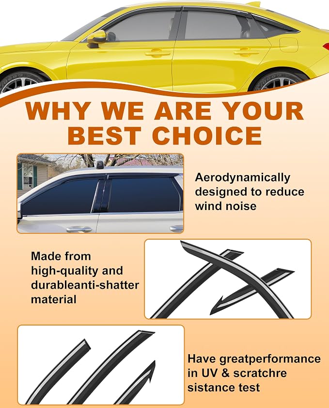 6-PCS Low Profile Window Rain Guards Fit for Honda Civic Sedan 2022-2026 Rain Guard Window Deflectors Extra-Thick Side Window Visors Vent Shades Tape-on Vent Visors Car Accessories